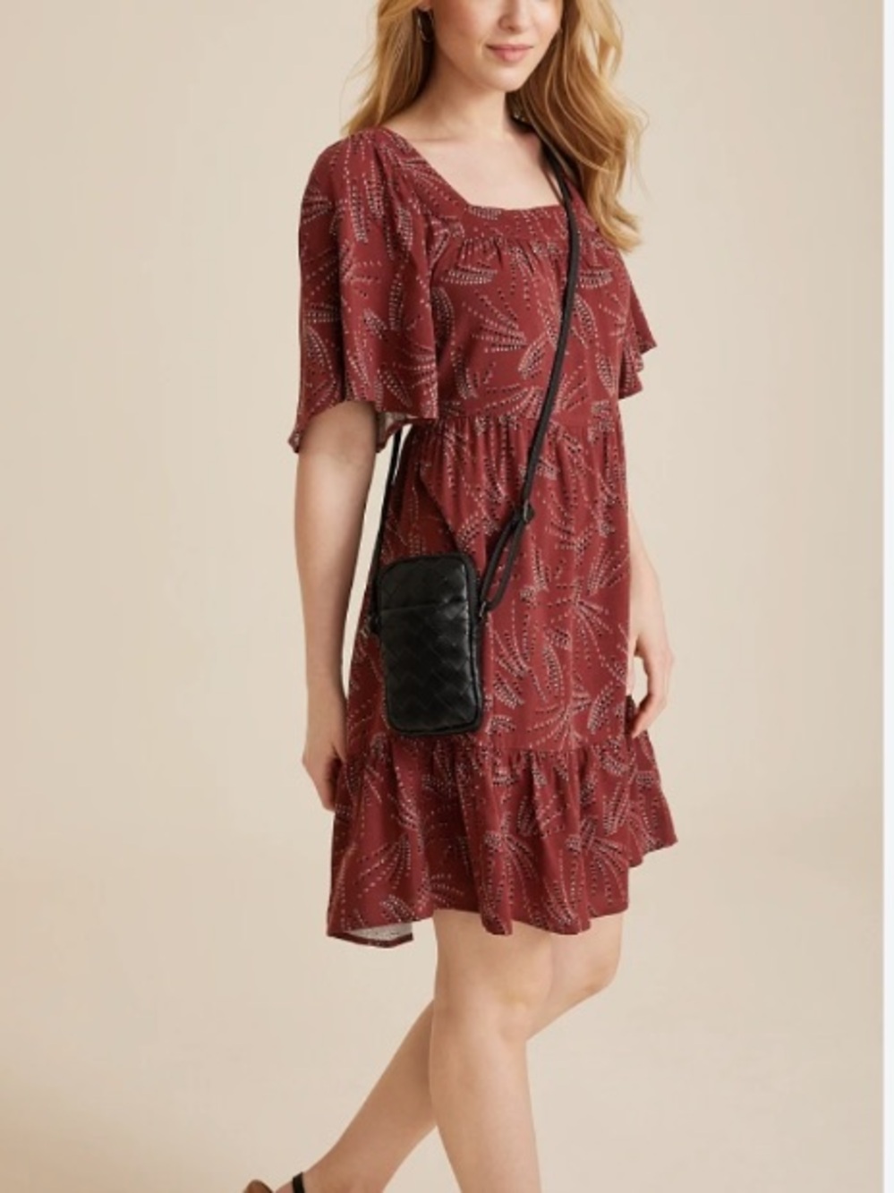 Maurices Burgundy Print Flutter Sleeve Tiered Dress Ladies Clothes